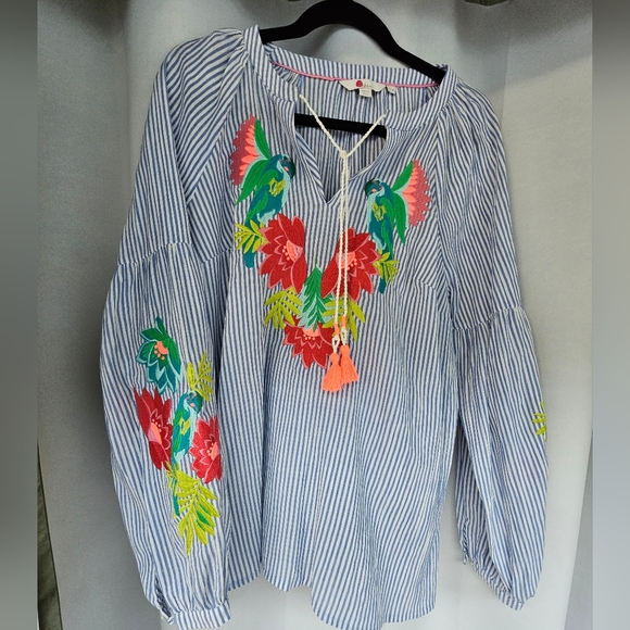Boden Embroidered Longsleeve Blouse Women Size 10 Blue & white stripe100% Cotton - Picture 2 of 8